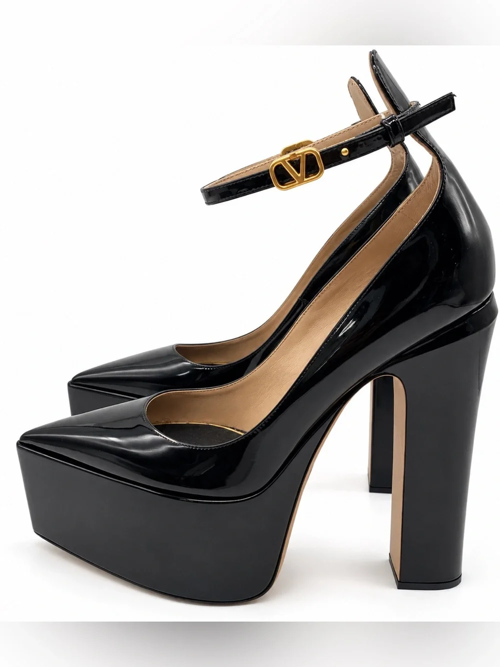 Valentino Black Patent Platform Pumps with Gold Logo Strap
